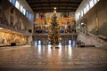 A big indoor christmas tree with a star on top