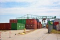Big industrial container terminal and crates at inland port at Neckar river called `Salzkai` in Mannheim