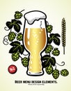 Big IPA glass of light beer with foam, hop branches and wheat. Hand drawing set of sketches on white Royalty Free Stock Photo