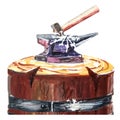 Big iron blacksmith anvil and hammer on a base of an old block of wood. Watercolor. Isolated Royalty Free Stock Photo