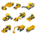 Big isometric set of construction equipment. Forklifts, cranes, excavators, tractors, bulldozers, trucks.