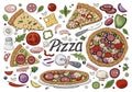 Big italian pizza and pizza ingredients isolated on white background. Hand drawn vector pizza collection Royalty Free Stock Photo