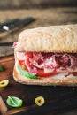 Big italian sandwich. Salami sandwich Royalty Free Stock Photo