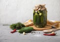 Big Jar with fermented cucumbers, salt in a wooden spoon and seasonings on a concrete background. Copy spaes. horizontal