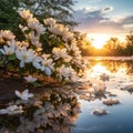 Jasmine tree in a raining day, sparkling reflection by sunset hour