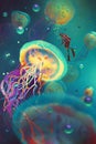 Big jellyfishes and diver in fantasy underwater