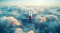 Big jet plane is flying in bright sky above white fluffy clouds. Illumination by sunlight. Copy space. Royalty Free Stock Photo