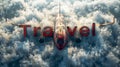 Big jet plane is flying in bright sky above white fluffy clouds. Illumination by sunlight. Inscription in the sky - Travel Royalty Free Stock Photo