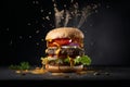 Big juicy fresh burger with double meat patty, sauce, vegetables. Fast food. Generative AI