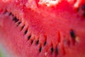 Big juicy fresh red slice of ripe watermelon with black seeds. Fresh summer harvest. Eco-food. Close-up. Selective focus Royalty Free Stock Photo