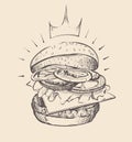 Big juicy open burger sketch vector illustration art