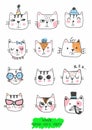 Big kawaii set of doodle cute sweet cats, sketch characters, hand drawn, cats faces ith different emotions, emoticons, smileys Royalty Free Stock Photo