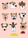 Big kawaii set of doodle cute sweet dogs, clipart collection, dogs faces with different emotions, emoticons, smileys