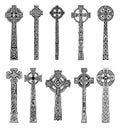 Big keltic crosses silhouettes. Old scottish rope ornamet celtic cross vector icons, metal church crossed crucifix