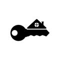 Big key and small house icon. Design template. Black and white vector clipart and drawing. Isolated simple home logo. Royalty Free Stock Photo