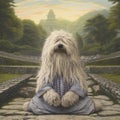 Komondor dog in monk robes meditating in beautiful japanese zen garden. Generative ai art