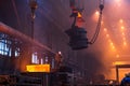 Big ladle on crane before melting in foundry workshop. Smelting of multi-ton cast iron parts. Metallurgical plant or Royalty Free Stock Photo