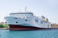 Big and large ferry boat or cargo ship in the port. Royalty Free Stock Photo