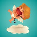 Big laughing cute little cupid with a bow floating on cloud. Isolated