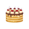 Big layered cake with chocolate glaze, whipped cream and red cherry on top. Delicious holiday dessert. Flat vector