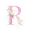 Big Letter R. Alphabet with floral dÃÂ©cor. Watercolor. Light pink, green colors