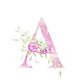 Big Letter A. Alphabet. Light Pink. Floral dÃÂ©cor. Watercolor. White Background. Print quality