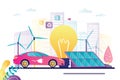 Big light bulb, solar panels and electricity car. Concept of alternative energy and eco friendly Royalty Free Stock Photo