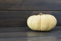 Big light yellow pumpkin on dark wooden background, lot of copy space for text.