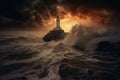 Big Lighthouse lost in the see, big waves and thunderstorm Royalty Free Stock Photo