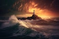 Big Lighthouse lost in the see, big waves and thunderstorm Royalty Free Stock Photo