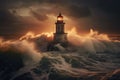 Big Lighthouse lost in the see, big waves and thunderstorm Royalty Free Stock Photo