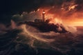 Big Lighthouse lost in the see, big waves and thunderstorm Royalty Free Stock Photo