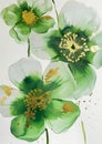 Big lime colored flowers with gold leaf paint highlighting