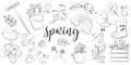 Big Linear Spring Set. Black and white collection of Design Elements for Gardening. Vector outline Illustration with Bird, flowers Royalty Free Stock Photo