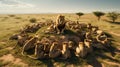 Big lion leading the herd on savannah grass