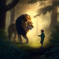 Big lion and little cute boy, a courageous boy with a lion. Royalty Free Stock Photo