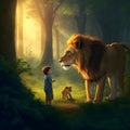 Big lion and little cute boy, a courageous boy with a lion. Royalty Free Stock Photo