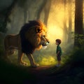 Big lion and little cute boy, a courageous boy with a lion. Royalty Free Stock Photo