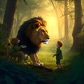 Big lion and little cute boy, a courageous boy with a lion. Royalty Free Stock Photo