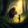 Big lion and little cute boy, a courageous boy with a lion. Royalty Free Stock Photo