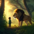 Big lion and little cute boy, a courageous boy with a lion. Royalty Free Stock Photo