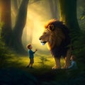 Big lion and little cute boy, a courageous boy with a lion. Royalty Free Stock Photo