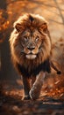 Big lion walking on savannah grass