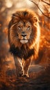 Big lion walking with sun glow in the back