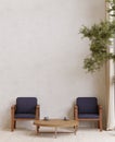 big white living room.loft interior design,dark blue wooden chair,wooden table,tree ,concrete wall for mock up and copy space Royalty Free Stock Photo