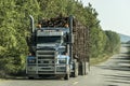 Big Logging truck moving highway wood from harvest field plant Canada ontario quebec Royalty Free Stock Photo