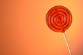 Big lollipop on wooden stick on warm orange background Royalty Free Stock Photo