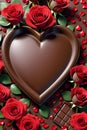 A big love sign of chocolate surrounded by the red rose flower, beautiful, romance scene, fantasy art, love art