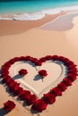 A big love sign made of red rose flower, on a beautiful white sandy beach, romance scene, love art, fantasy