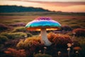Big Magic Iridescent Colorful Mushrooms in the middle of landscape - Ai generated illustration